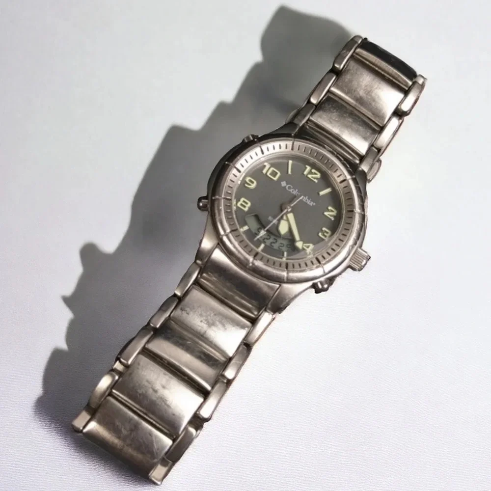 Vintage Columbia stainless steel quartz watch, analog digital, date, alarm, 50m